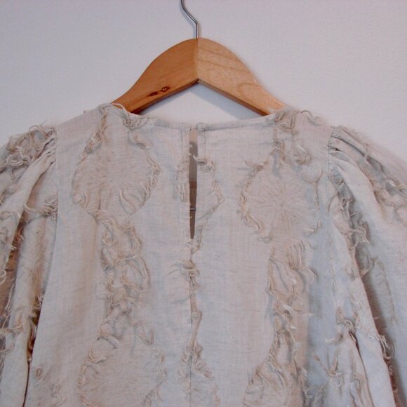 Zara Linen Blend Peplum Top Boho Hippie Fringe Puff Sleeve Natural Beige Small - Picture 14 of 16